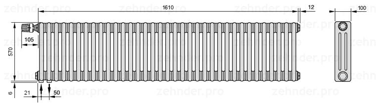 Схема (чертеж) Радиатор Zehnder Charleston 3057/35 №V001 Белый глянцевый RAL 9016